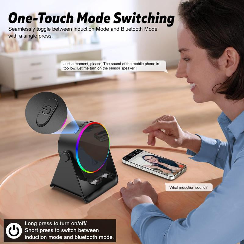 Wireless Induction Speaker, Cell Phone Stand with Bluetooth Speaker, Stereo Sound, RGB Ambient Light,Portable Desktop Stand Gift for Home Audio Device Smartphone