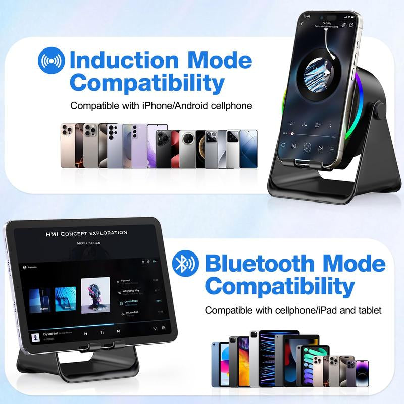 Wireless Induction Speaker, Cell Phone Stand with Bluetooth Speaker, Stereo Sound, RGB Ambient Light,Portable Desktop Stand Gift for Home Audio Device Smartphone
