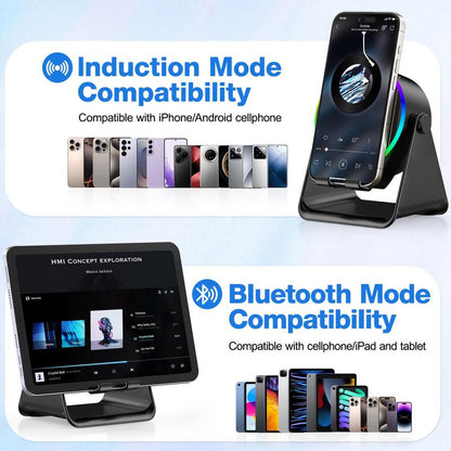 Wireless Induction Speaker, Cell Phone Stand with Bluetooth Speaker, Stereo Sound, RGB Ambient Light,Portable Desktop Stand Gift for Home Audio Device Smartphone