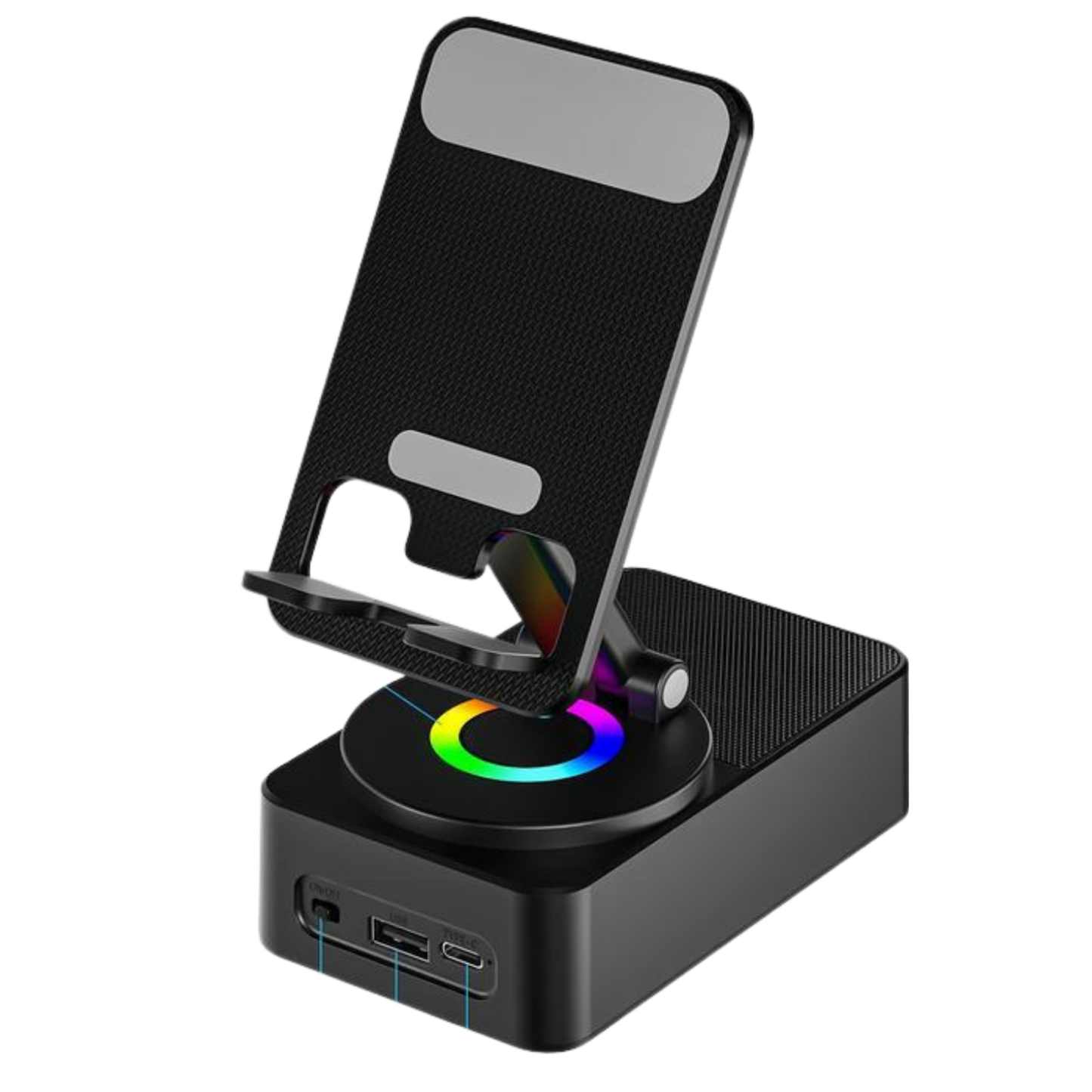 Wireless Audio Bluetooth Speaker 5In1 Phone Holder Emergency Rechargeable Withcolorful Ambient Light 300° Foldable for Tablet Iphone Android, Gifts for Men Women ，Black