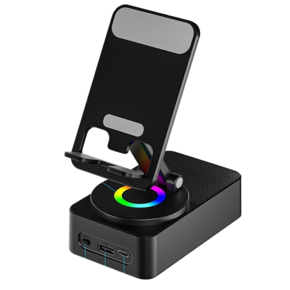 Wireless Audio Bluetooth Speaker 5In1 Phone Holder Emergency Rechargeable Withcolorful Ambient Light 300° Foldable for Tablet Iphone Android, Gifts for Men Women ，Black