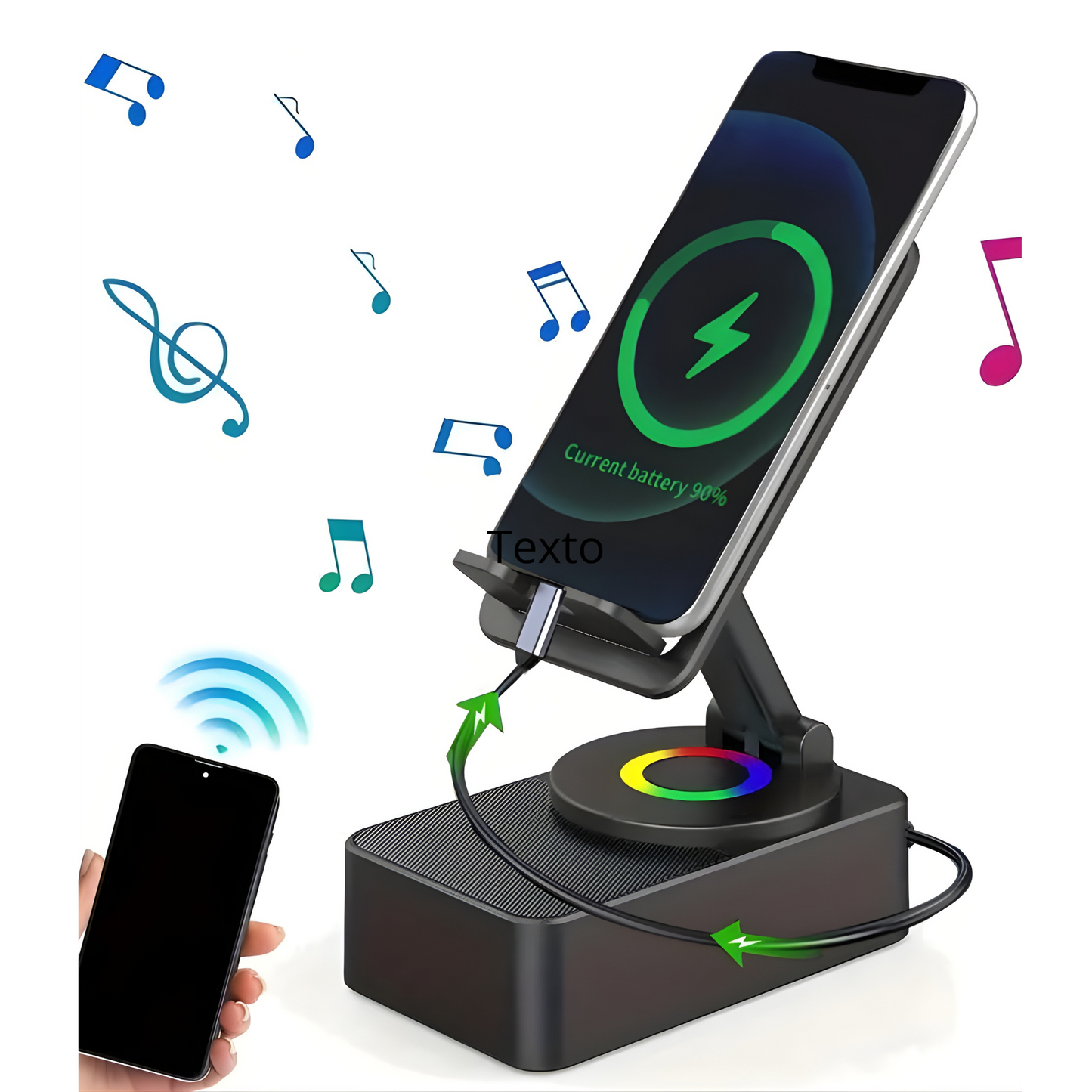 Wireless Audio Bluetooth Speaker 5In1 Phone Holder Emergency Rechargeable Withcolorful Ambient Light 300° Foldable for Tablet Iphone Android, Gifts for Men Women ，Black