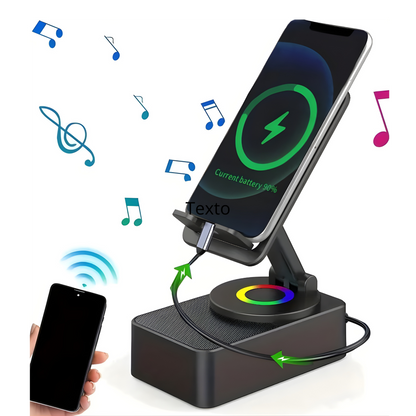 Wireless Audio Bluetooth Speaker 5In1 Phone Holder Emergency Rechargeable Withcolorful Ambient Light 300° Foldable for Tablet Iphone Android, Gifts for Men Women ，Black
