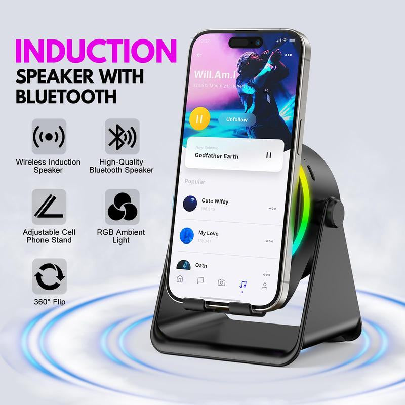 Wireless Induction Speaker, Cell Phone Stand with Bluetooth Speaker, Stereo Sound, RGB Ambient Light,Portable Desktop Stand Gift for Home Audio Device Smartphone