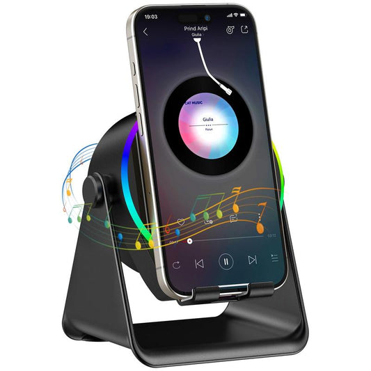 Wireless Induction Speaker, Cell Phone Stand with Bluetooth Speaker, Stereo Sound, RGB Ambient Light,Portable Desktop Stand Gift for Home Audio Device Smartphone