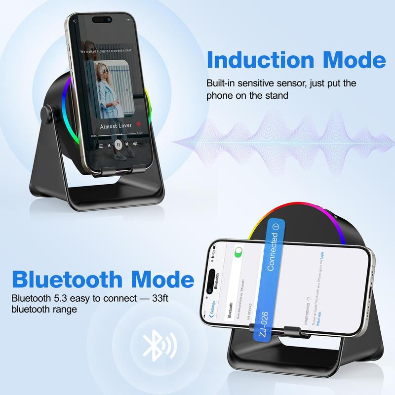 Wireless Induction Speaker, Cell Phone Stand with Bluetooth Speaker, Stereo Sound, RGB Ambient Light,Portable Desktop Stand Gift for Home Audio Device Smartphone