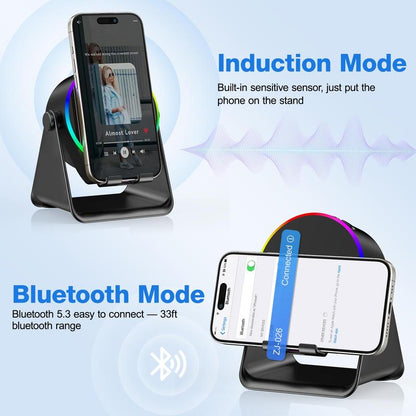 Wireless Induction Speaker, Cell Phone Stand with Bluetooth Speaker, Stereo Sound, RGB Ambient Light,Portable Desktop Stand Gift for Home Audio Device Smartphone