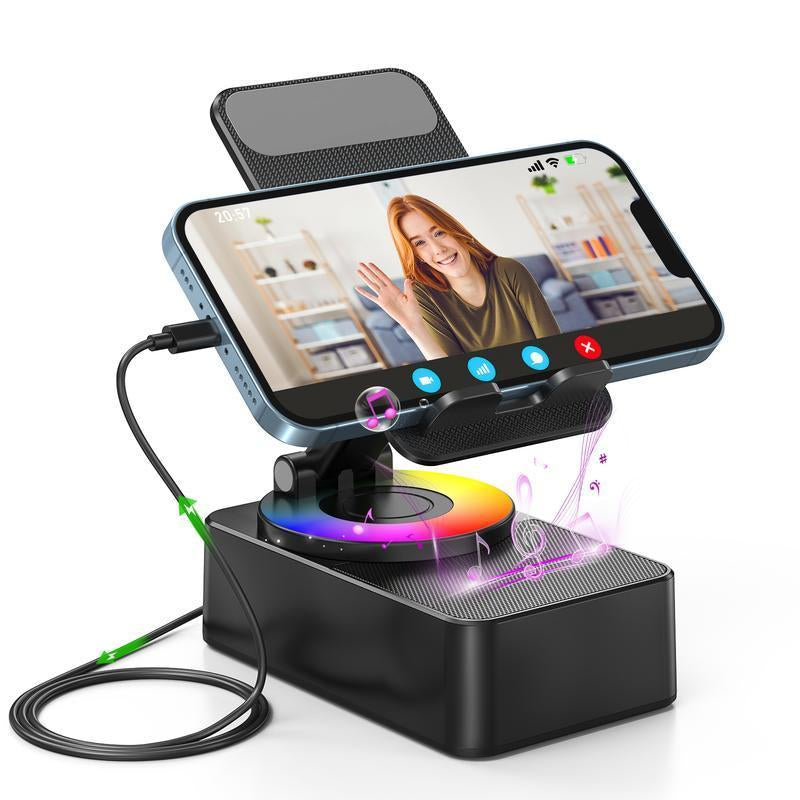 Wireless Audio Bluetooth Speaker 5In1 Phone Holder Emergency Rechargeable Withcolorful Ambient Light 300° Foldable for Tablet Iphone Android, Gifts for Men Women ，Black