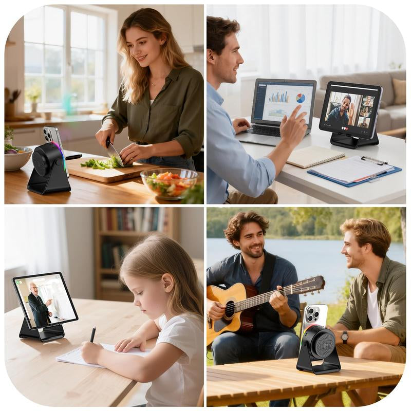 Wireless Induction Speaker, Cell Phone Stand with Bluetooth Speaker, Stereo Sound, RGB Ambient Light,Portable Desktop Stand Gift for Home Audio Device Smartphone