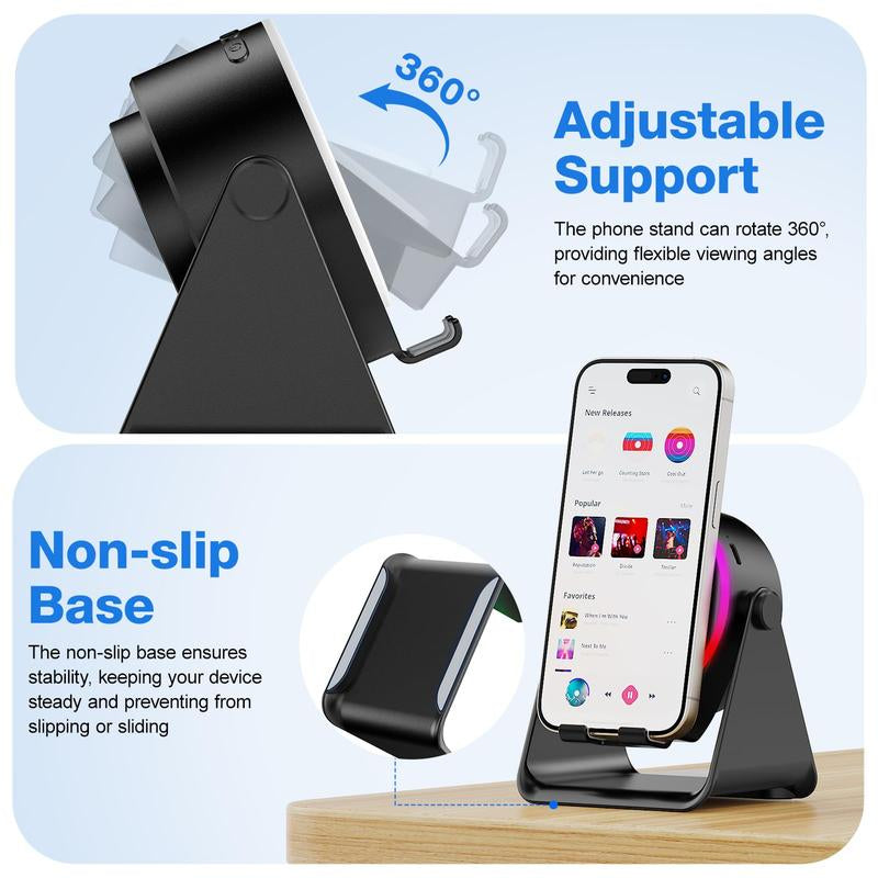 Wireless Induction Speaker, Cell Phone Stand with Bluetooth Speaker, Stereo Sound, RGB Ambient Light,Portable Desktop Stand Gift for Home Audio Device Smartphone
